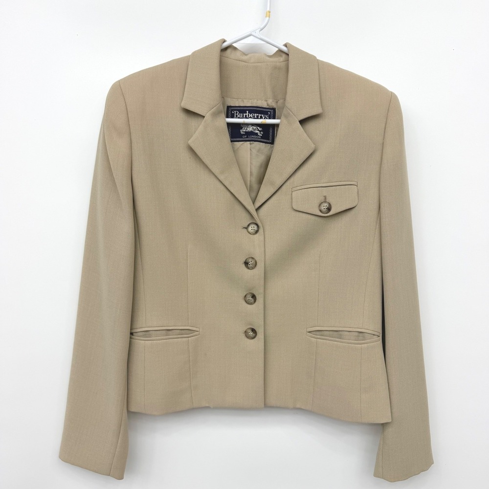 Burberry Vintage Wool Blend Blazer Jacket 90s Classic Luxury Tan Womens 10 Beige